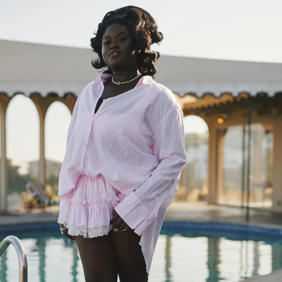 Selkie Gingham Plaid Pink Beach Blouse XXL - Picture 2 of 7